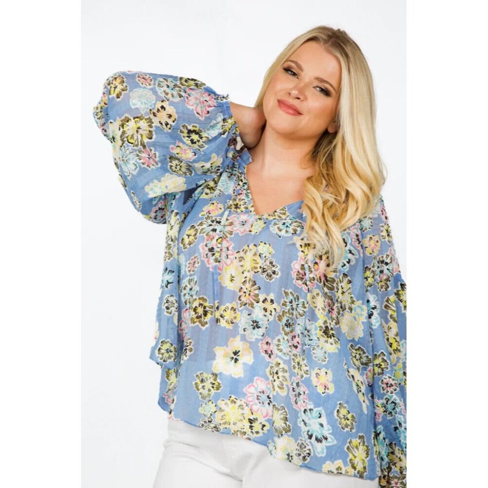 Tanya Taylor Blue, Pink & Yellow Floral Priya Top w/ Ruffles, Size Small NWT